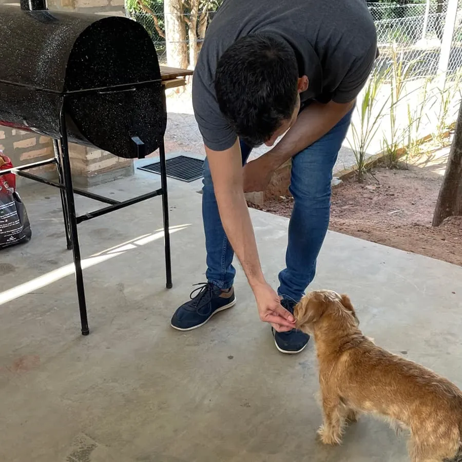 Papá dando bocadito al perro al lado de la parrilla