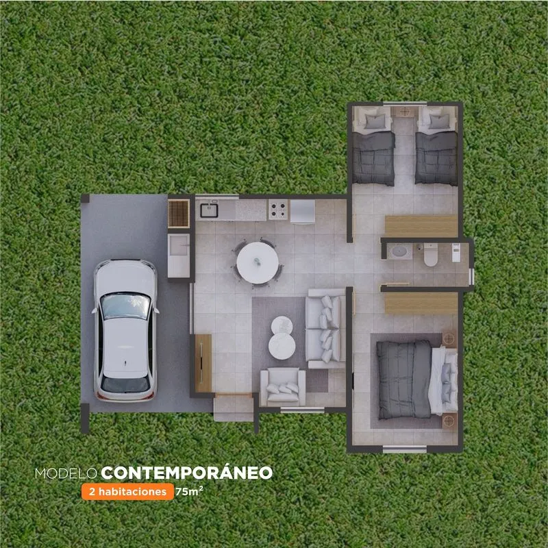 Plano cenital de la CasaMas modelo Contemporaneo de 2 dormitorios